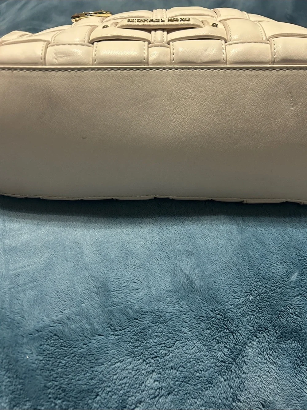 Michael Kors White Woven Tote with Gold Logo Charm